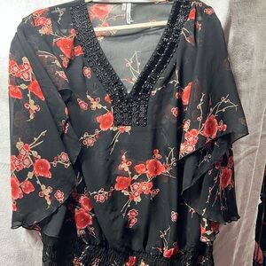 🌷Studio Y Black Blouse with Bell Sleeves and Ruffled Floral Design